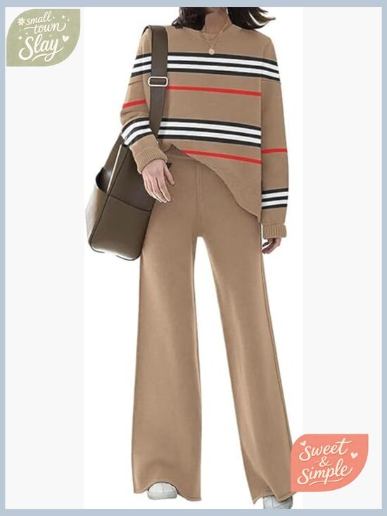 Pants - Women's Knitted Lounge Set 2 Piece Sweatsuit Sweater & Wide Leg Pants